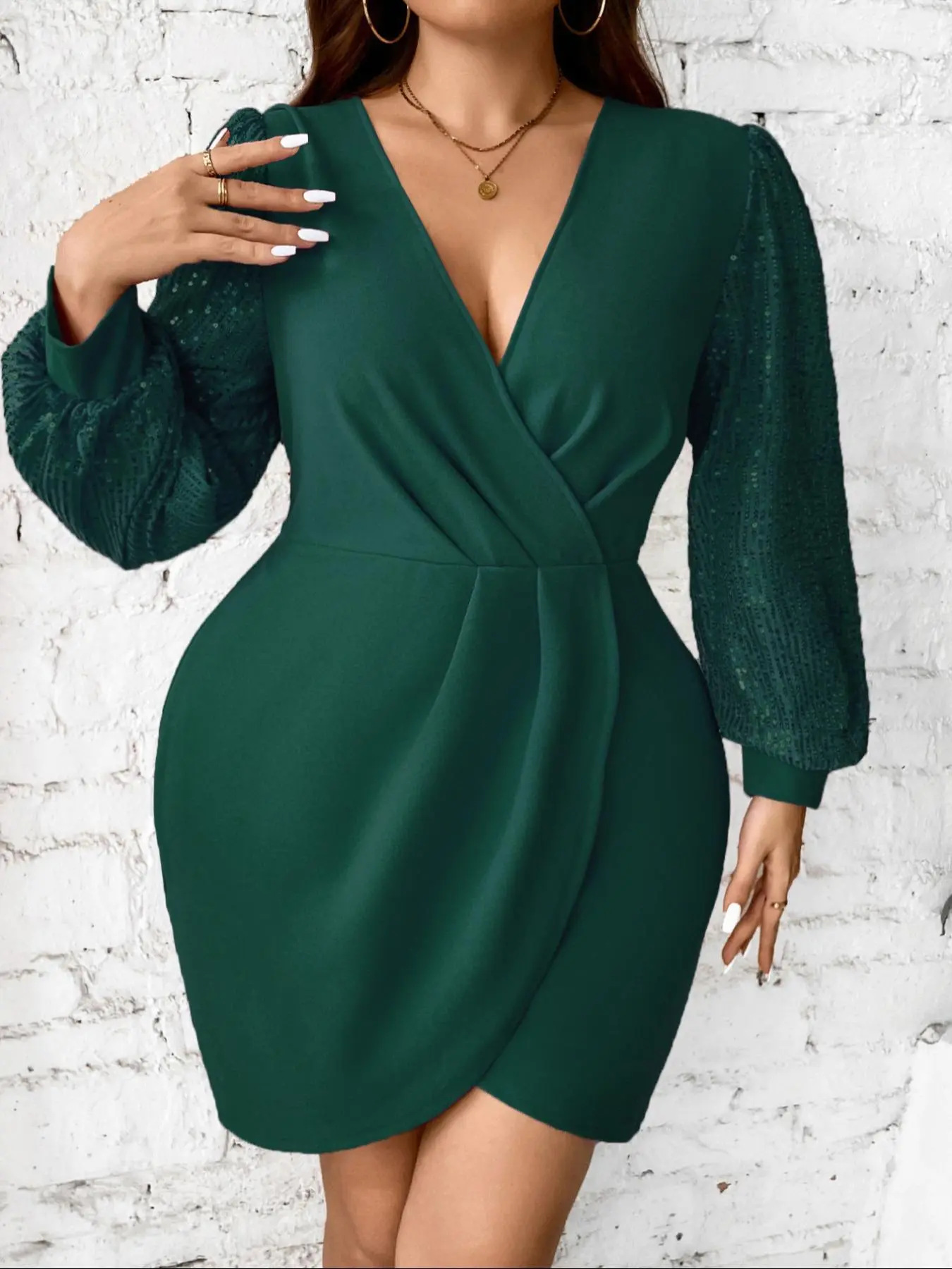 【Plus Size】 Glitter Sequin Ruched Wrap V Neck Dress, Elegant Fashion Bishop Sleeve Dress for Party Club Dating Wear, Women Clothing for Spring