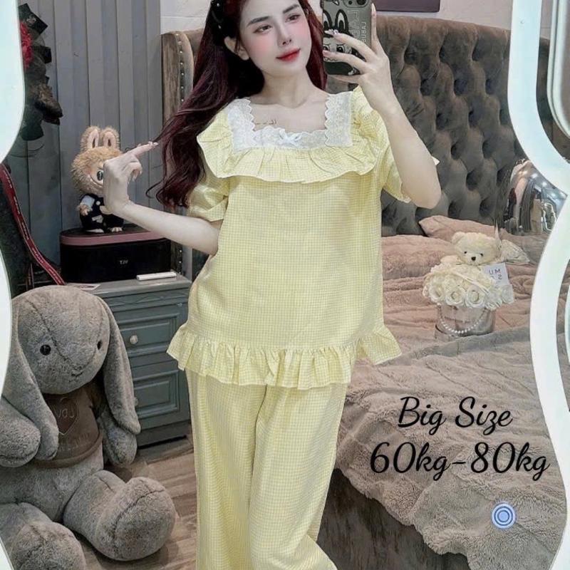 Bigsize 50/75 kg đũi sọc caro tiểu thư cổ vuông viền ren mặc nhà thoáng mát Women Nữ 1