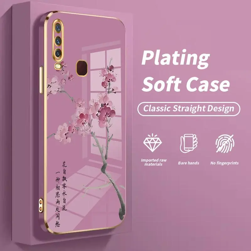 Softcase Untuk VIVO Y17 Y01 Y02 Y02A Y02t Y03 Y10 T1 Y100 4G Y11 2019 Y11s Y12 Y12a Y12s Y12i Y15 Y15s Y15a Y15c Y16 Y17s Y18 Y18e Y19 Y1s Motif Bunga Plum Soft Silicon Laser Plating Kesing Hp Murah 3