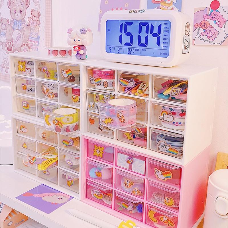 <Kèm Sticker> Khay Nhựa Đựng Mỹ Phẩm Hộp Đựng Đồ Tủ Mini 9 Ngăn Kéo Kệ Nhựa 9 Ô Tủ Để Bàn Đựng Sticker Trang Trí CL018