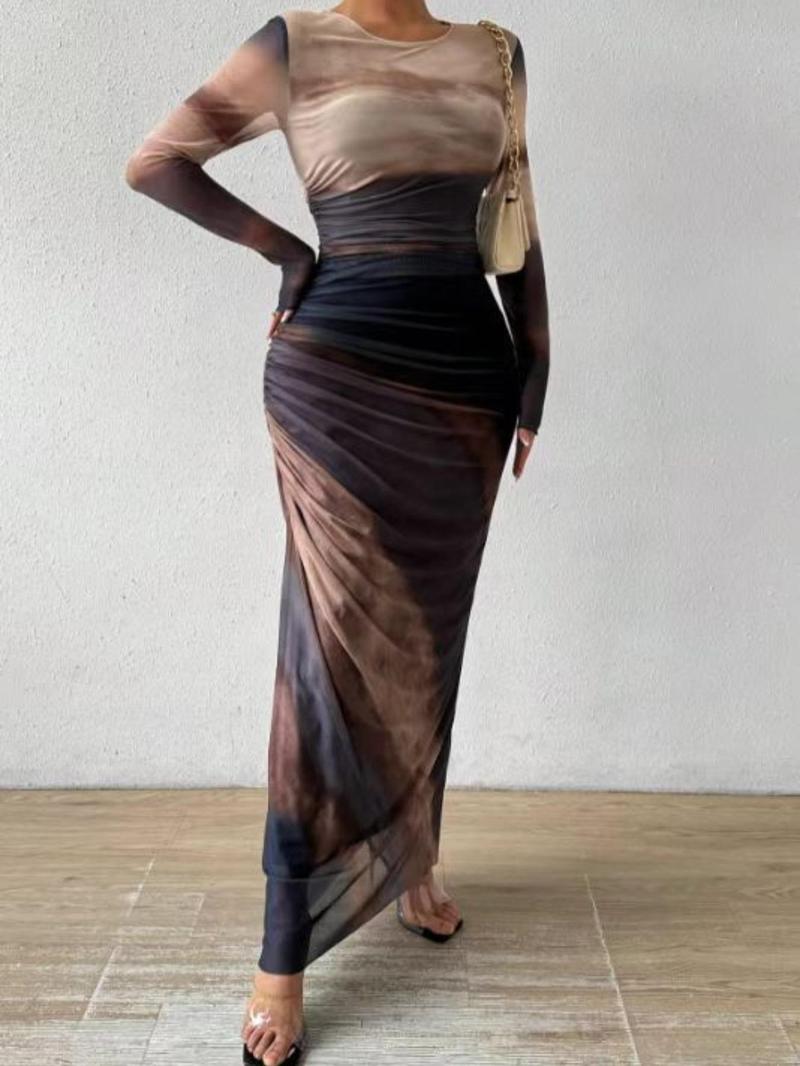 Product Introduction of Women's All Over Print Ruched Bodycon Dress, Elegant Long Sleeve Round Neck Long Dress for Party Holiday Wedding Guest, Ladies Clothes for All Seasons， Tall Clothing Women 10