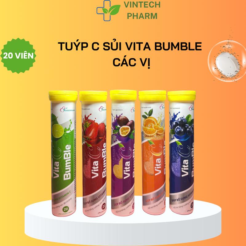 Viên sủi Vita C Bumble giúp bổ sung vitamin và khoáng chất hỗ trợ tăng cường đề kháng. Tuýp 20 viên hương hoa quả đủ vị