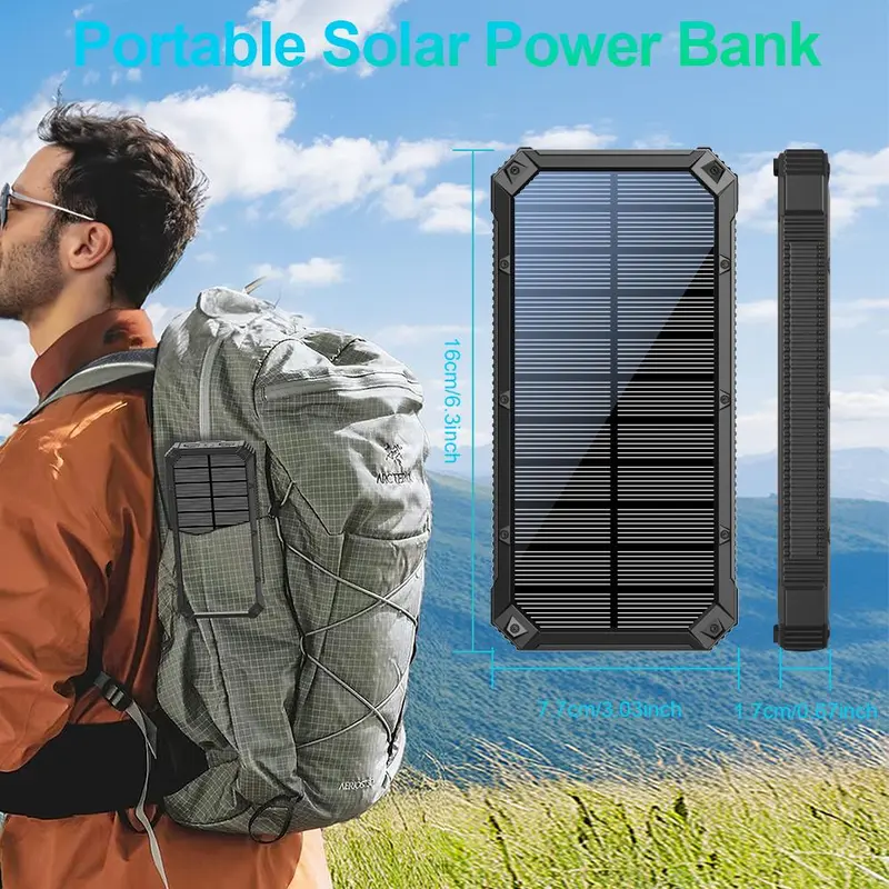 Solar Powered Power Bank, 20000mAh Portable Charger with Flashlight, Built-in Solar Panel and Bright Flashlight, Suitable for Outdoor Camping Party Sports, Valentine's Day Gift 4