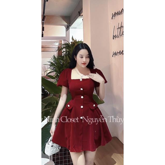 Váy đầm nữ thiết kế đi tiêc, đầm đỏ umi cồ vuông đính nút phối túi ôm eo dáng xòe dễ thương mtb Women DressThời trang mới năm 2025TOP 0