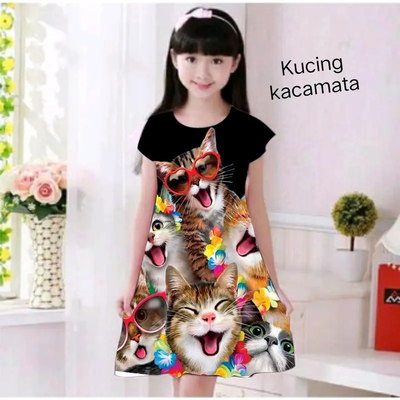 Dress anak motif kucing usia 2-11 tahun 4