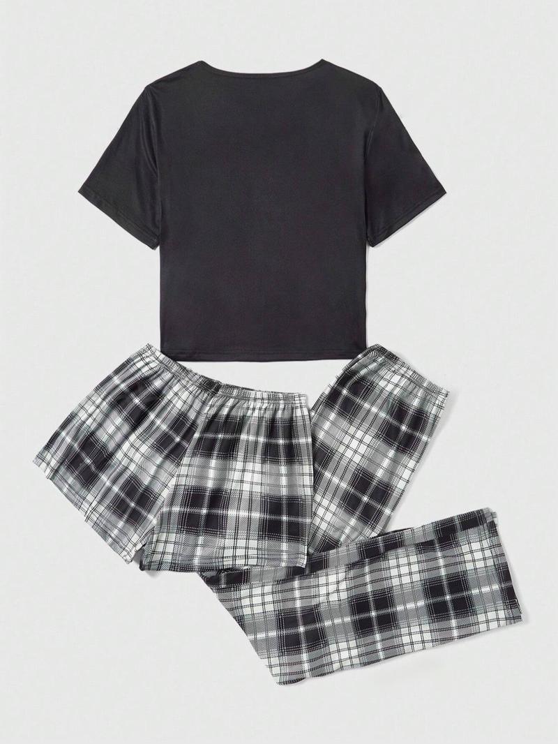Product Introduction of Three-Piece Set Women's Plaid Print Pyjama Set, Casual Comfy Short Sleeve T-shirt & Elastic Waist Shorts & Bow Front Pants PJ Set, Ladies Sleepwear for All Seasons 8