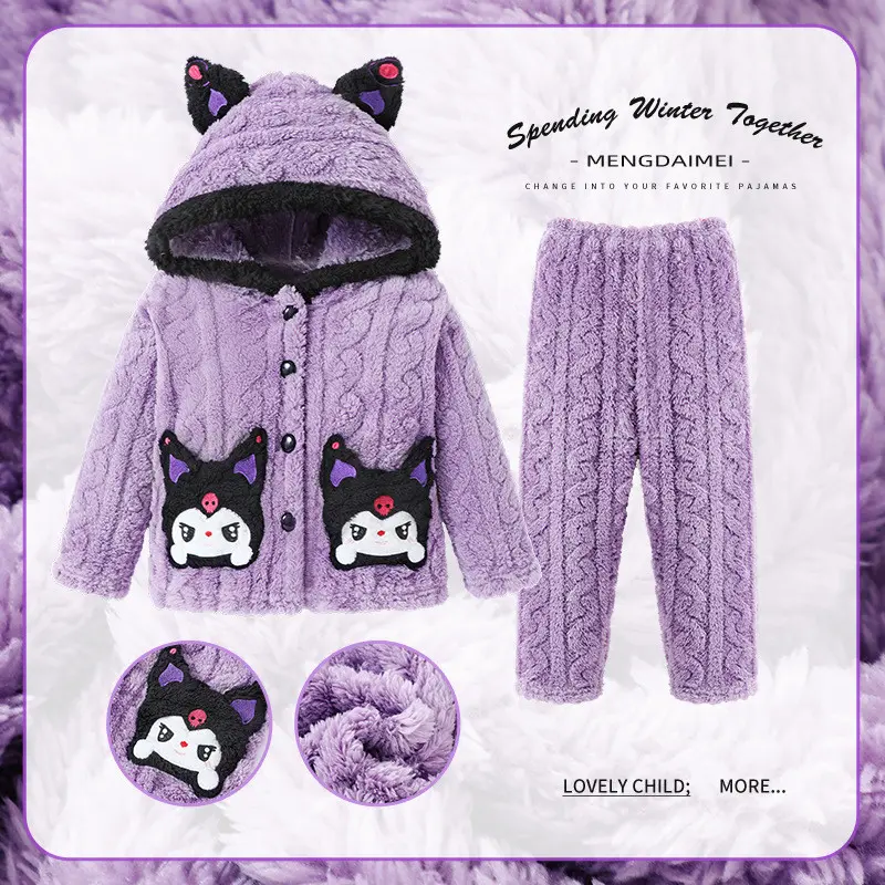 Bộ Đồ Mặc Nhà Cho Em Bé Gái, Thiết Kế Kuromi, Làm Bằng Lông Cừu San Hô, Ấm Áp Cho Mùa Đông Và Mùa Thu, Thích Hợp Cho Đồ Ngủ, Đồ Mặc Nhà, Bộ Đồ vải nỉ Mùa Đông Cho Em Bé Quần