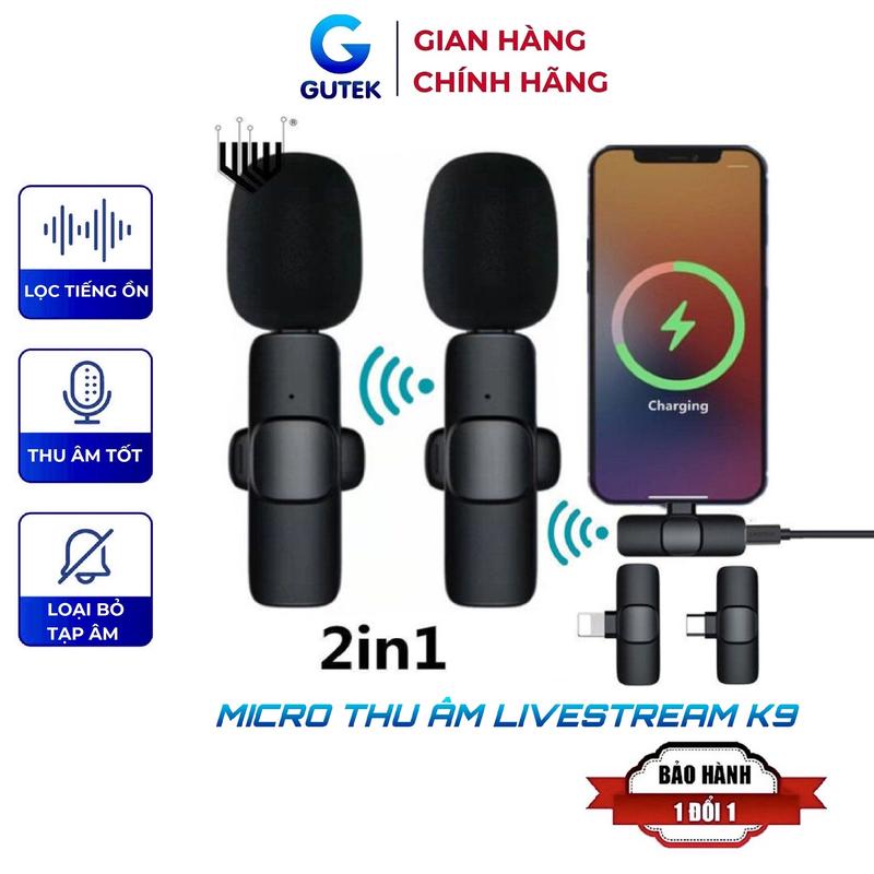 Bộ micro thu âm không dây Gutek K9 khử tiếng ồn để livestream livetream ghi âm phát trực tiếp quay video cổng iphone
