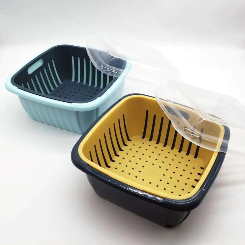Bộ Rổ Vuông Kèm Thau Có Nắp Đậy TRong Suốt 3in1 Đựng Hoa Quả Rau Củ Nhựa PP