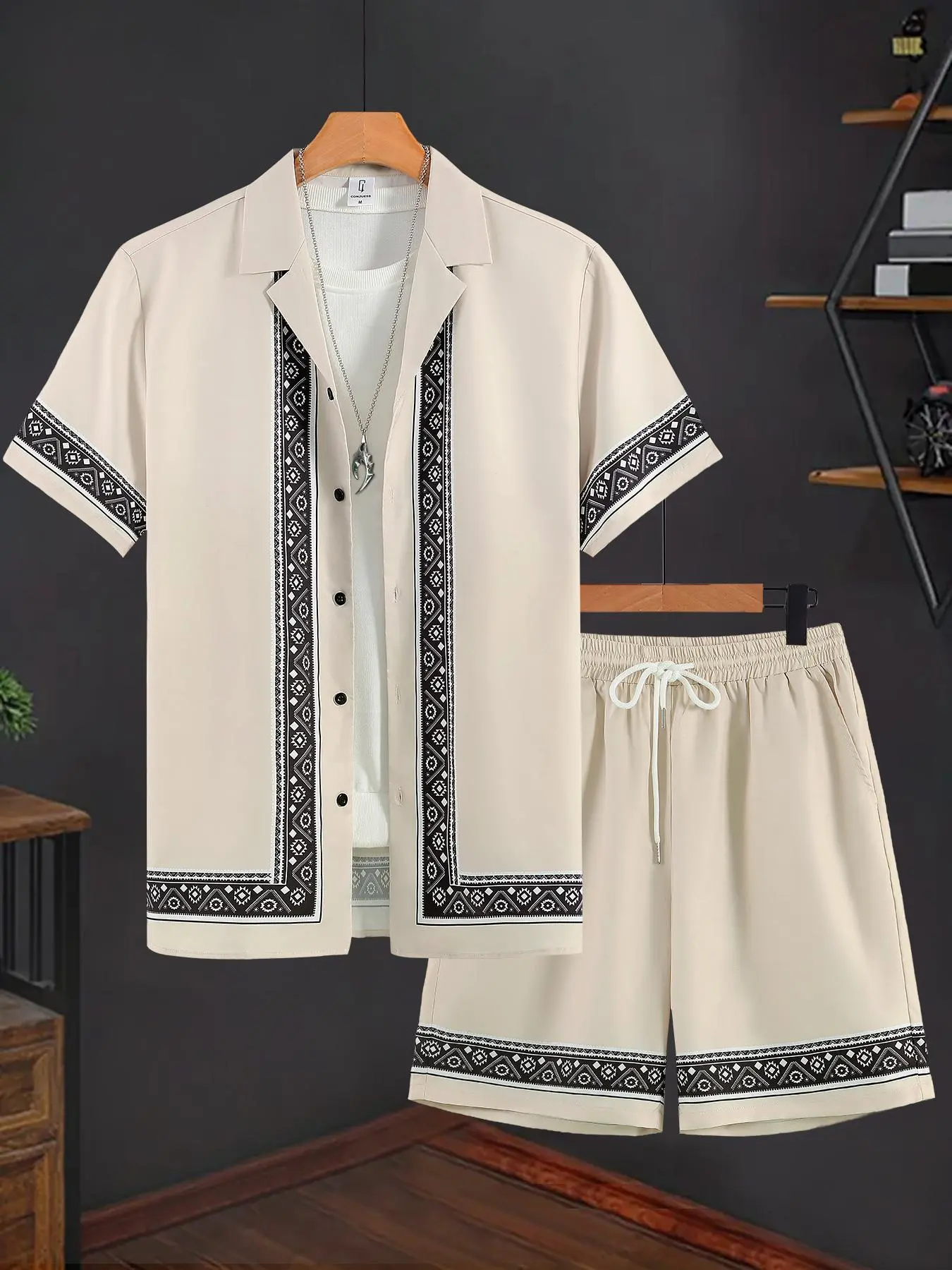 Men's Ethnic Pattern Button Front Shirt & Drawstring Waist Shorts Two-piece Set, Regular Fit Boho Casual Short Sleeve Lapel Neckline Top & Pocket Shorts, Men Outfits for Summer Beach Vacation