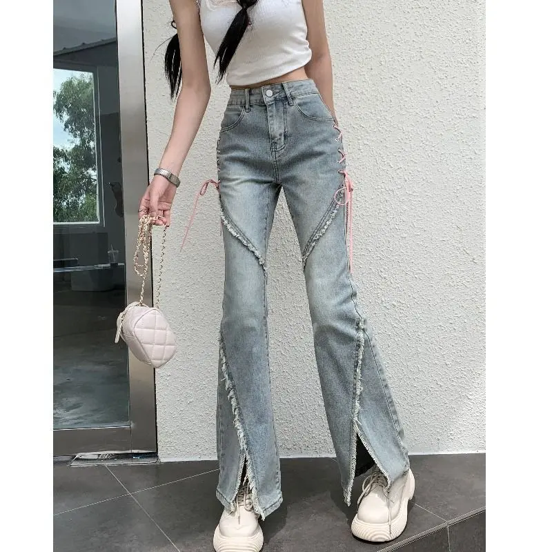 Quần Jean Ống Đứng, Cạp Cao, Dành Cho Nữ, Có Hai Dây Đai, Mỏng Và Thẳng, Có Móng Vuốt Xiên, Phong Cách Mùa Xuân Và Mùa Thu Mới, Nơ Ins, Quần Ống Loe Nhẹ, Quần Mùa Thu Women Pants Denim Có Túi