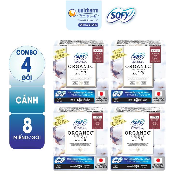 [COMBO 4] Sofy Băng vệ sinh Skin Comfort Organic Cotton 23cm (gói 8 miếng)