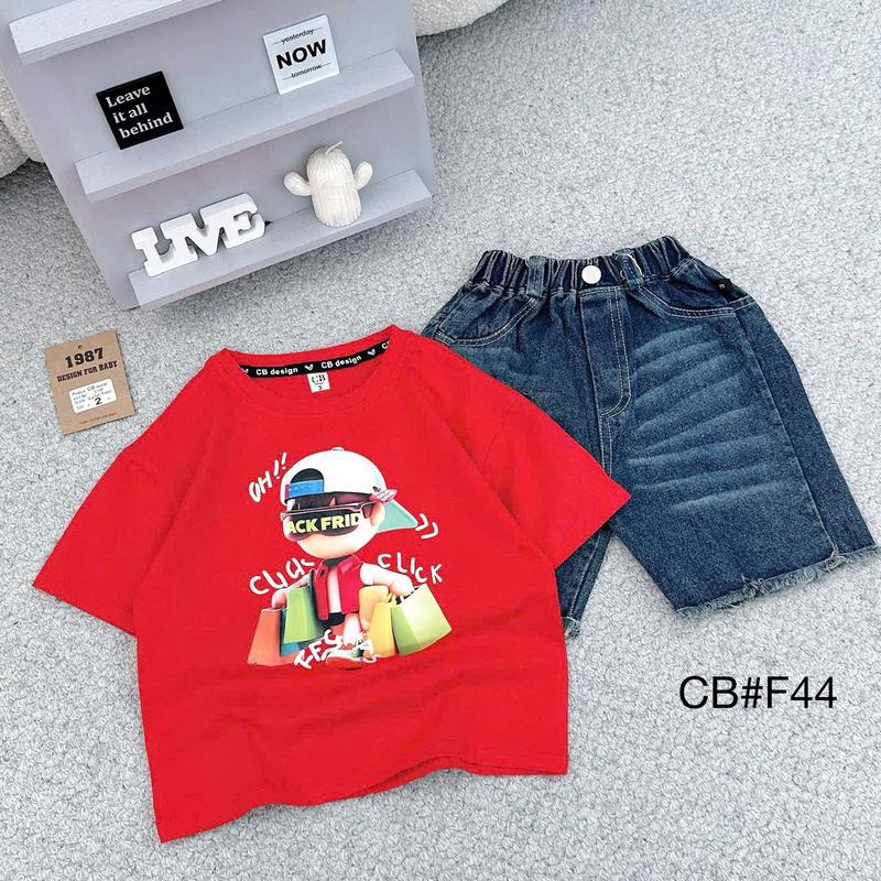 [Shin Kids] Bộ Áo Cotton Quần Jean Mềm In Hình Cậu Bé Đỏ (8-28kg).