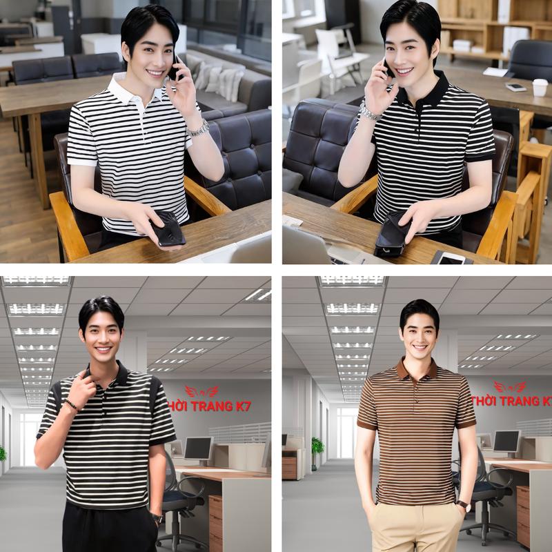 Áo Thun Polo Nam K7 Sọc Ngang Tay Ngắn 2024 CVC Co Giãn Thoải Mái, Trẻ Đẹp Lịch Lãm, Menswear Shirt Cộc Ngắn Tay Cộc Tay Có Cổ ngày nghỉ thường