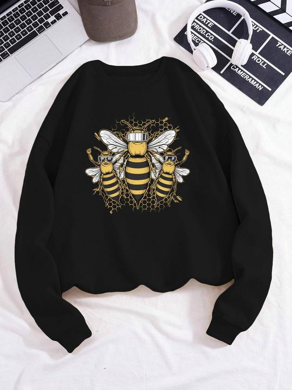 Women's Bee Print Drop Shoulder Fleece Sweatshirt, Casual Long Sleeve Round Neck Pullover for Fall & Winter, Ladies Clothes for Daily Wear 4