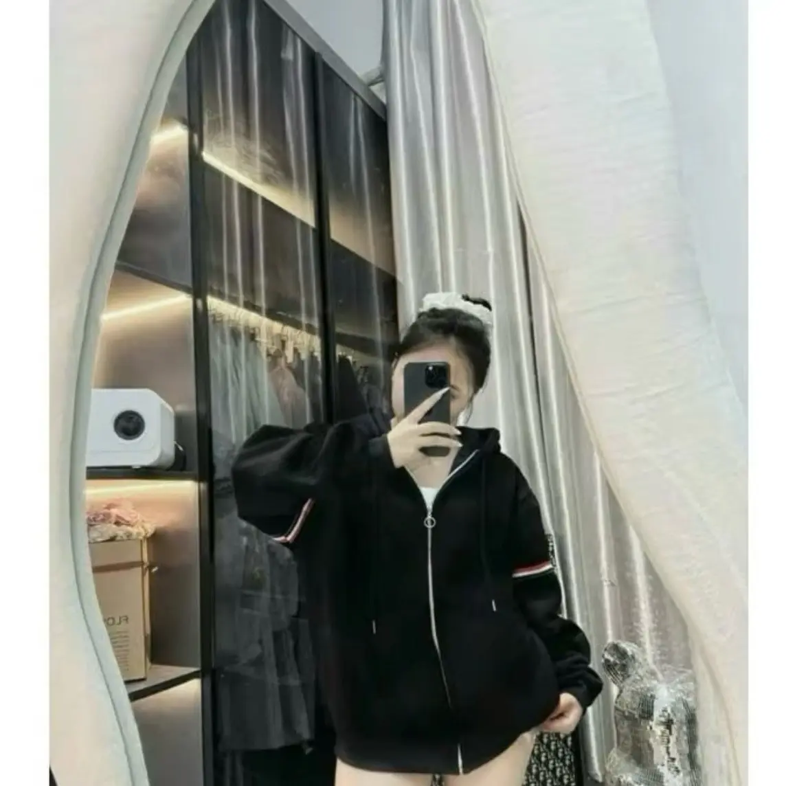 áo khoác hoodie nỉ phối viền tay 2 màu đen/xám