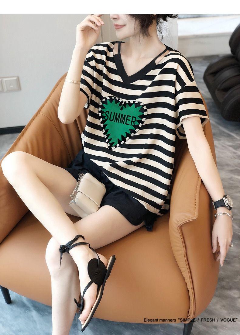 Product Introduction of Áo Thun Ngắn Tay Sọc khoét Cổ Chữ V Ngoại Cỡ Dành Cho Nữ, Bộ Sưu Tập Mùa Hè, Thiết Kế Đẹp, Dáng Rộng Vừa Vặn, 150,00kg, Hàng Mới Về 6