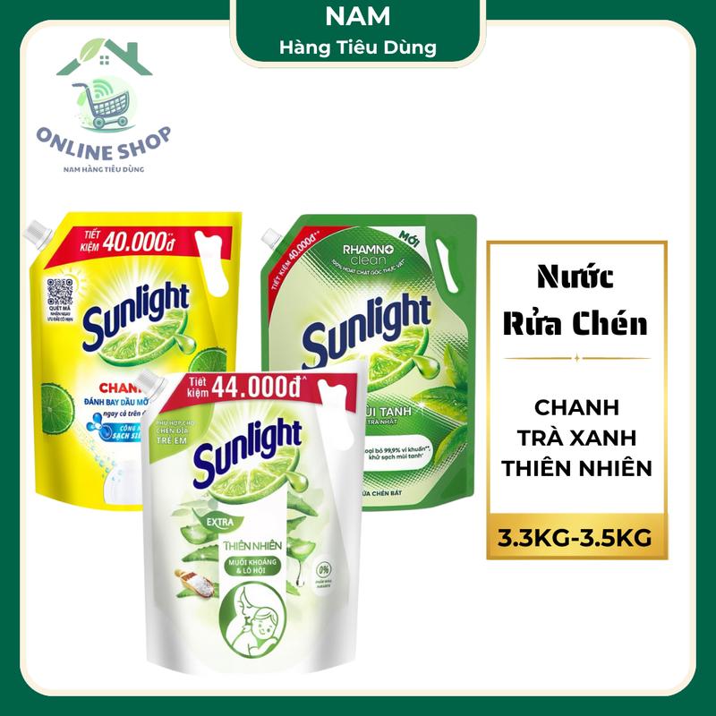 Nước Rửa Chén Túi Sunlight Chanh Trà Xanh Thiên Nhiên 3.3kg / 3.1kg - Khử Mùi Tanh & Diệt Khuẩn Siêu Hiệu Quả