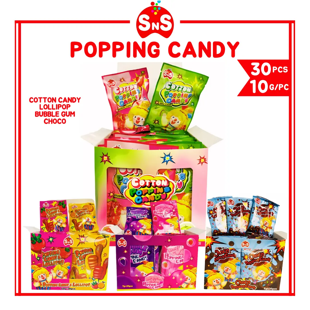 Popping Candy Cotton / Lollipop / Bubble Gum / Choco Real Fruit Flavor Fluffy Sweet Confection Whipped From Spun Sugar With A Twist Of Pop Desert Snack 10g*30pcs