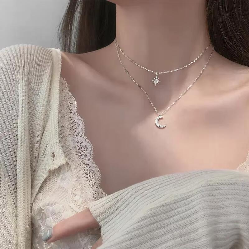 Delysia King Star Moon double layer Necklace women's light niche design sense overlapping clavicle chain 3