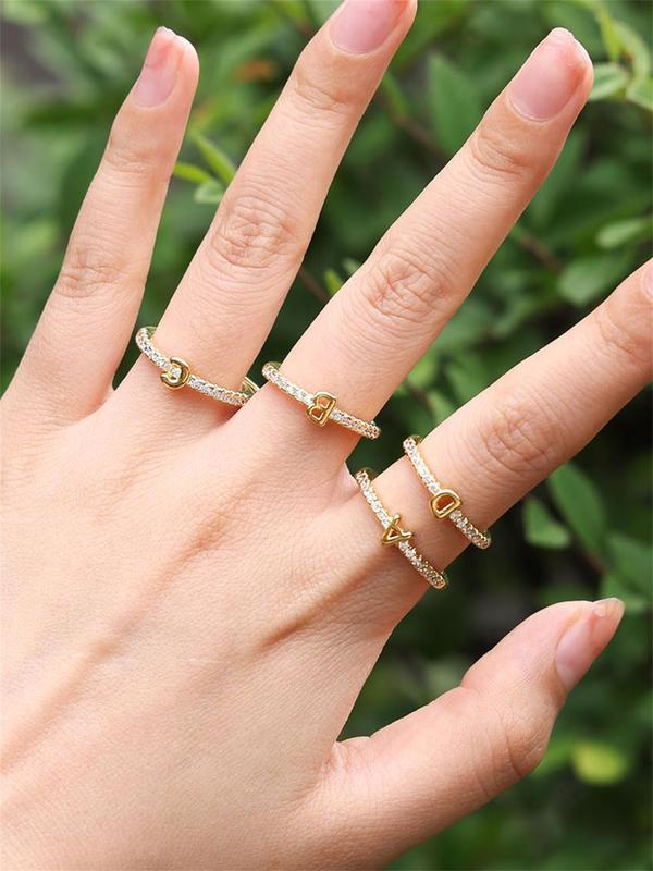 Rhinestone Decorated Elegant Simple Alphabet Ring, Jewelry Accessories Idea For Birthday, Copper Trendy Jewelry For Daily Use 2