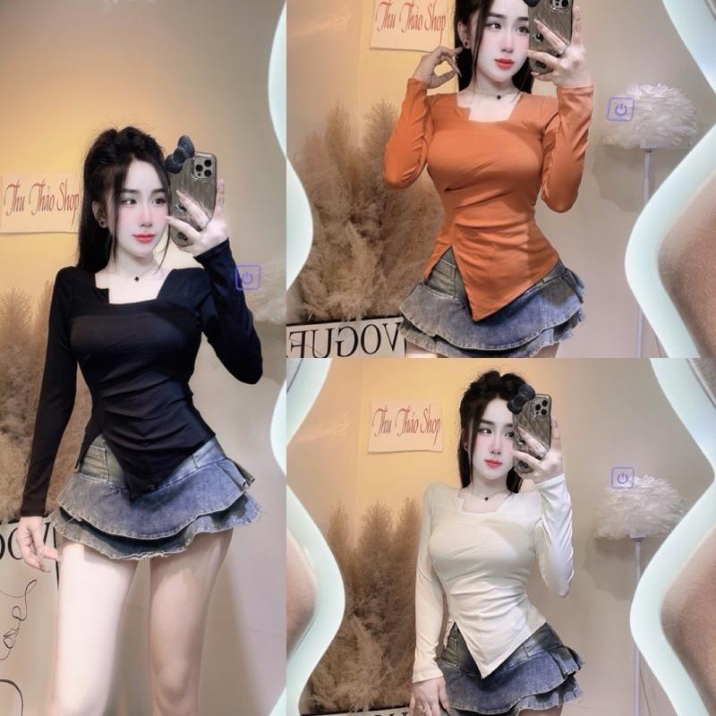 ÁO THUN TAY DÀI CỔ VUÔNG VẠT XÉO NHÚNG EO FOM DÁNG VỪA DÀI QUA RÚN