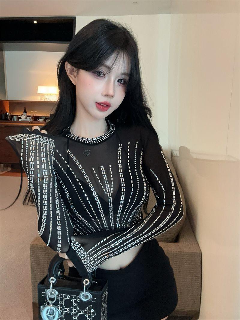 Product Introduction of Affordable Luxury Style Heavy Embroidery Hot Drilling Slim-Fit Short Long Sleeve Bottoming Shirt American Sexy See-through Sweet Cool Girl Mesh T-shirt Women 20