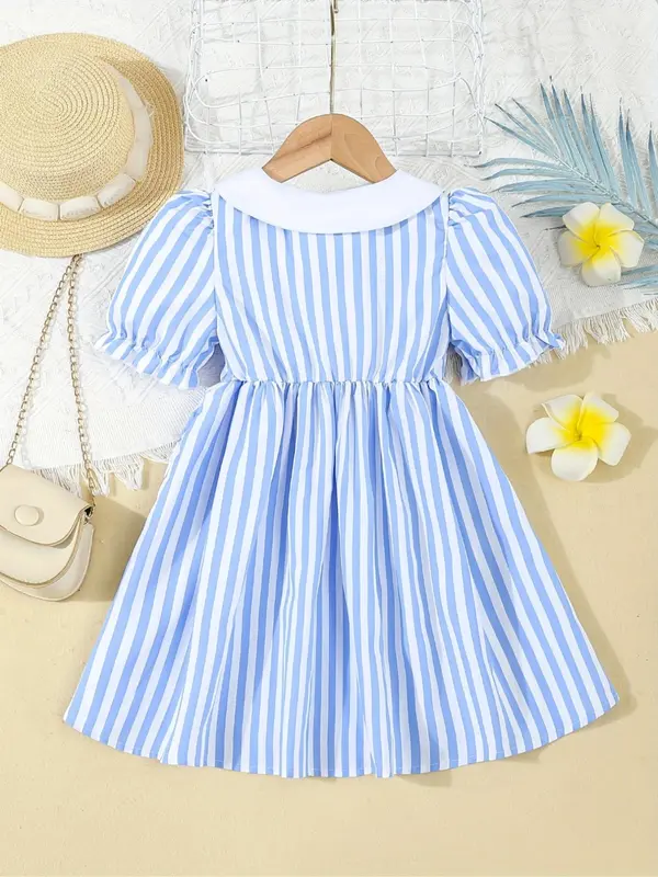 Girl's Striped Print Dress, Casual Short Sleeve Dress for Summer, Kids Clothes for Daily Wear 1