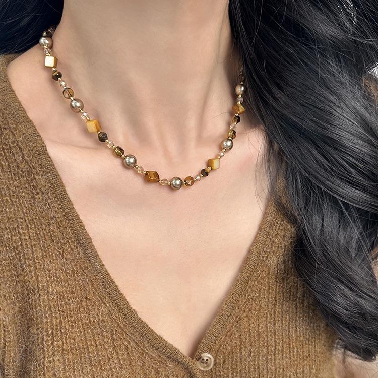 gelang baliGelang Bali Fashionable Autumn and Winter Maillard Tigereye Dicksoniaceae Irregular Beaded Necklace Temperament Entry Lux Simple Sweater Chain Necklace Setnecklace set 1