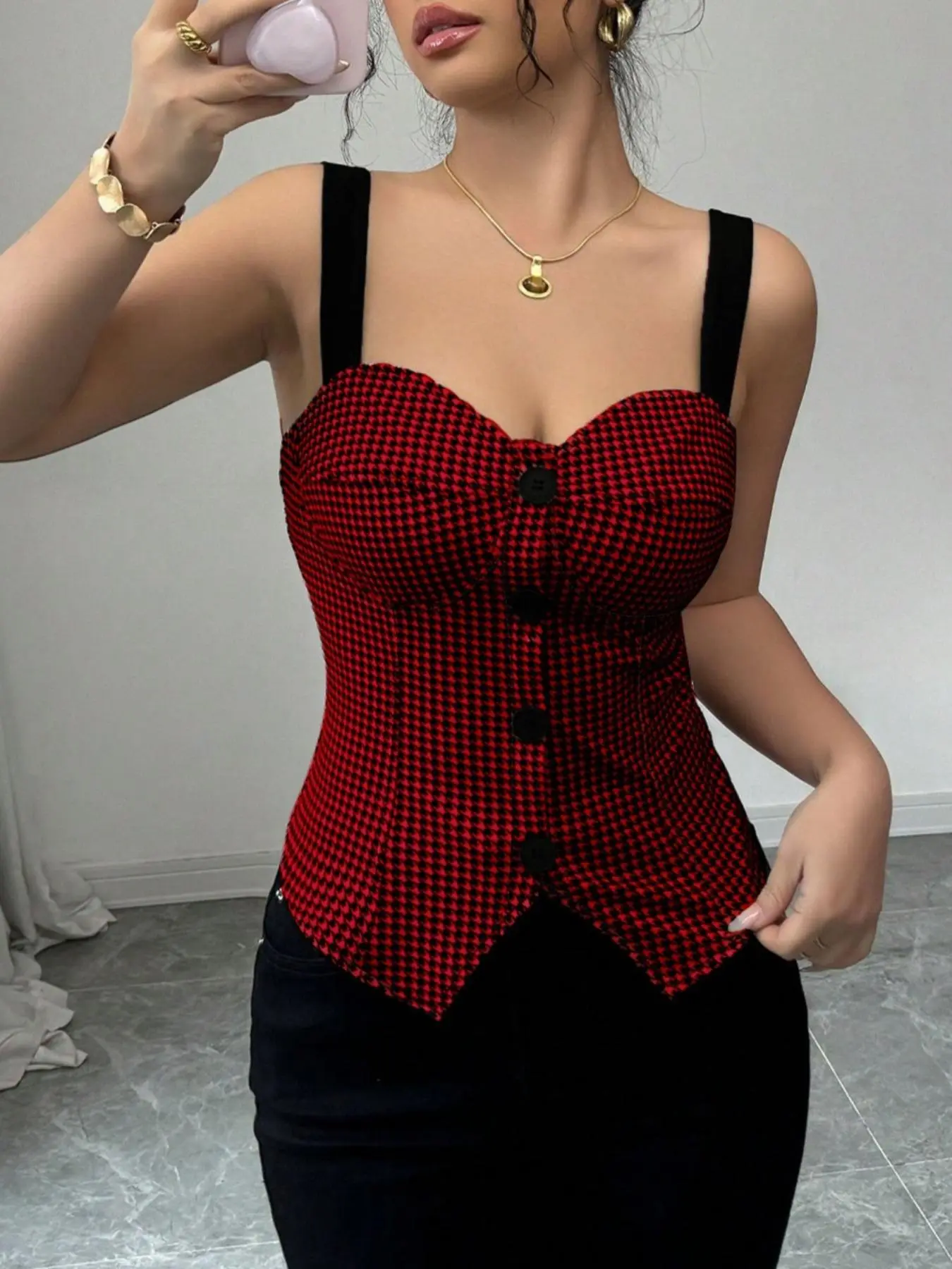 Women's Houndstooth Print Button Front Cami Top, Elegant Casual Sleeveless Spaghetti Strap Top for Summer, Ladies Clothes for Daily Wear