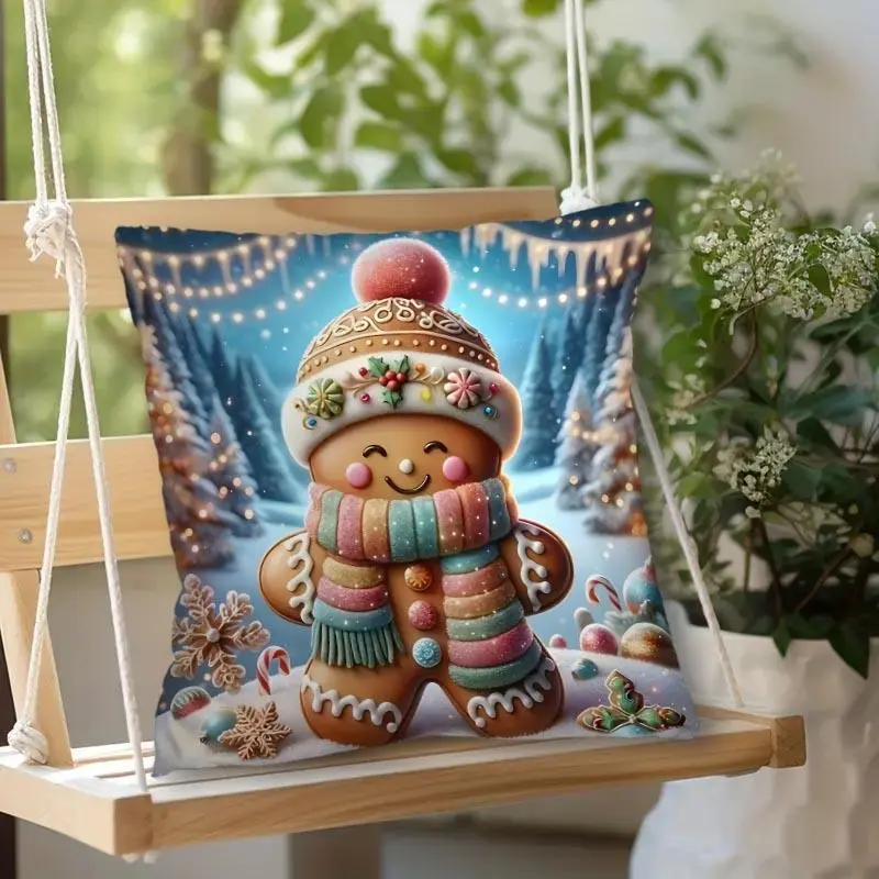 Cartoon Gingerbread Man Pattern Cushion Cover, 1 Count Square Throw Pillow Cover, Household Decoration Supplies for Home Living Room Sofa Bed 5