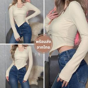 เสื้อครอปแขนยาว คล้องคอ งานเกาหลี สายแฟชั่น AR14