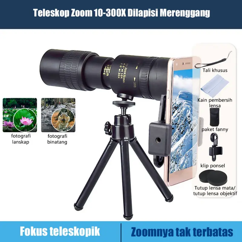 HD Teropong Monocular Telescope 10-300x40 Zoom dengan Tripod dan Holder HP - Lensa Tele HP Zoom - TTVXO FBA44 Portabel untuk Berkemah Untuk telepon iphone android 1