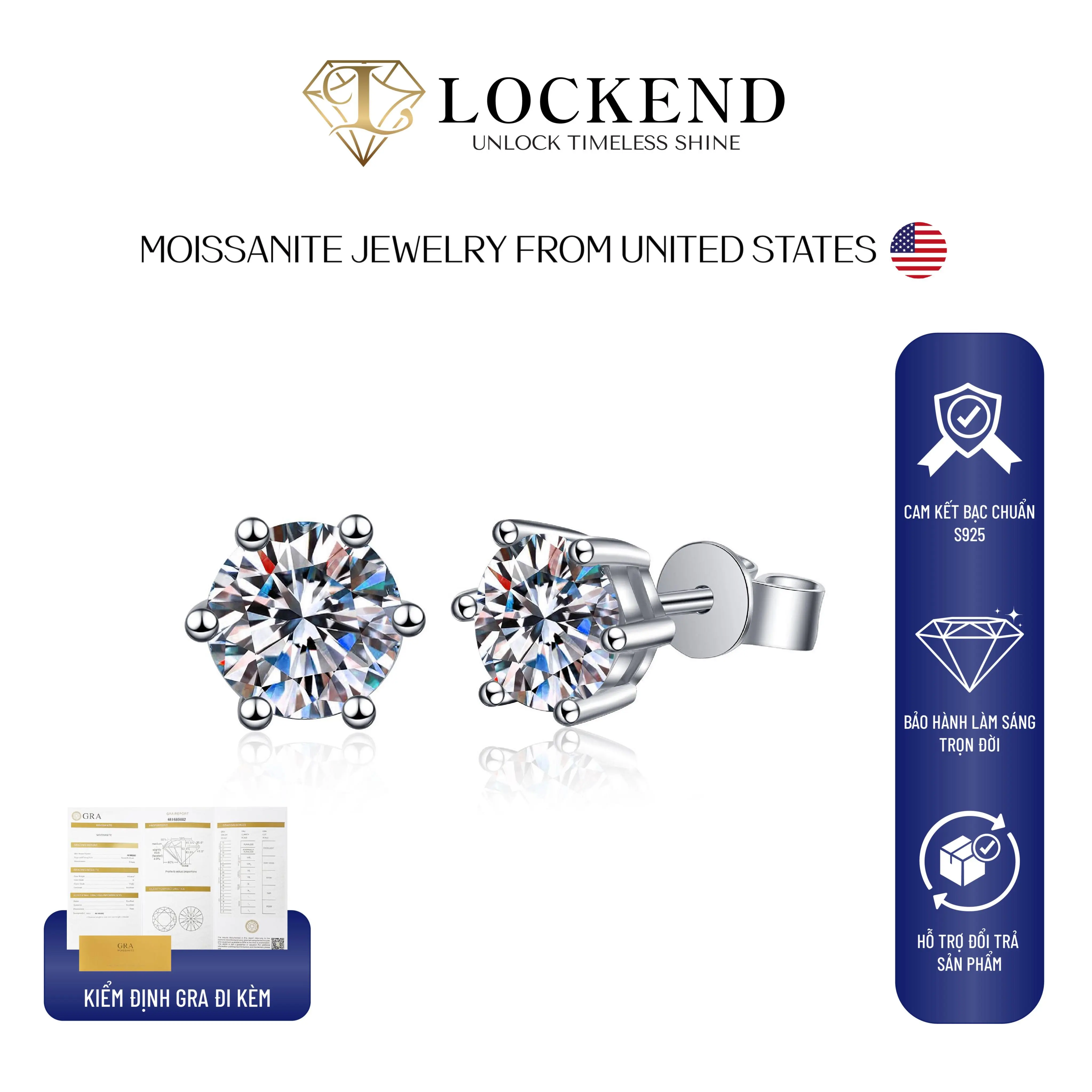 Bông tai 6 chấu bạc 925 đính đá Moissanite 0,5 carat*2 màu D có chứng chỉ GRA sang trọng thanh lịch LZED
