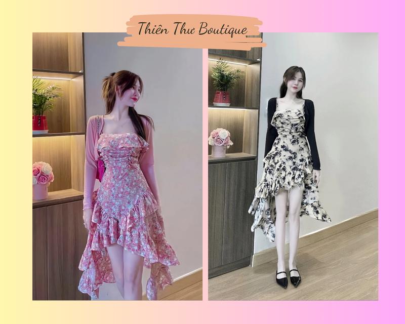 Set đầm hoa 2 dây bèo xếp tầng kèm áo khoác thun tăm gân siêu sang chảnh Women Top