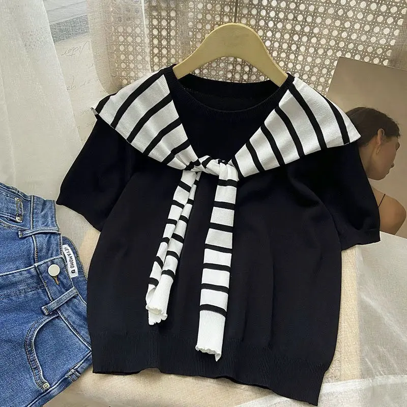 Đồ Len, Ngắn Tay, Màu Trắng, Hàng Mới Về Mùa Hè, Với Khăn Choàng Sọc, Thiết Kế Đẹp, Áo Hai Mảnh Độc Đáo Áo Thun Nữ 3