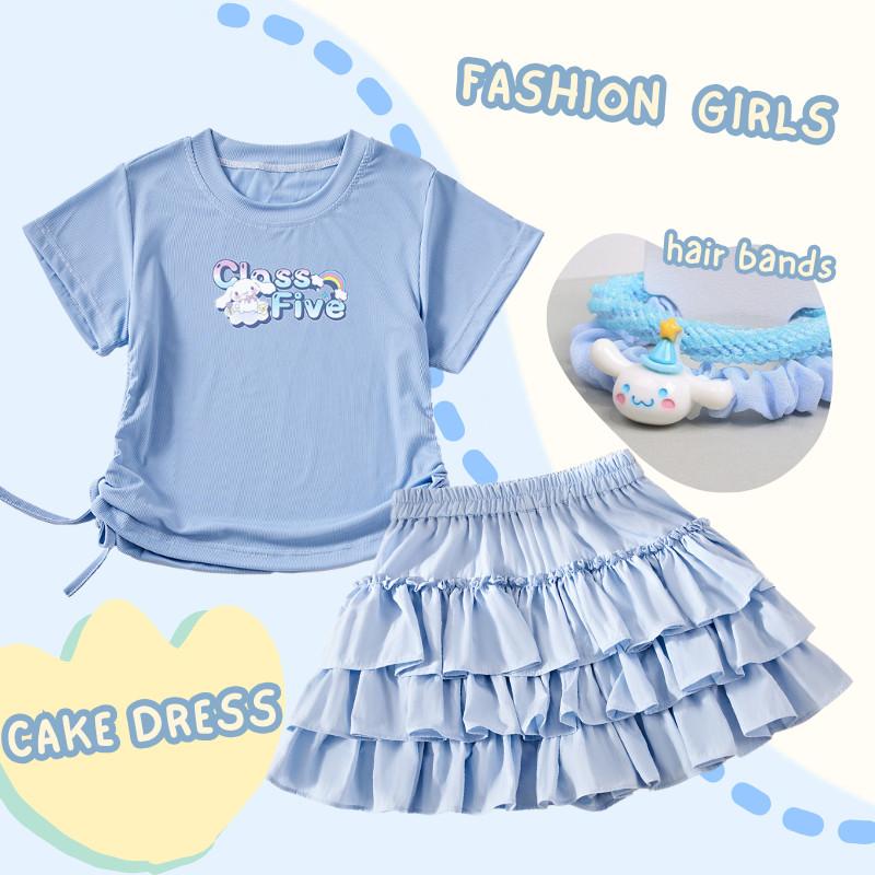 Trang Phục Thời Trang Mùa Hè Cho Bé Gái, In Hình Hoạt Hình Cinnamoroll, Áo Phông Dễ Thương Và Chân Váy Bánh Ngọt, Dễ Phối Đồ, Phụ Kiện Tóc Sanrio, Bộ Ba Mảnh