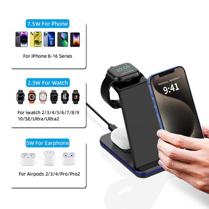 Product Introduction of 3 in 1 Wireless Charging Station, Portable Chargers with LED Light, 15W Fast Desk Charging Station, Wireless Charger Compatible with iPhone 16/15/14/13/12/11 Pro Max/X/XS Max/8/8 Plus, Smartphone Electronic Accessories 2