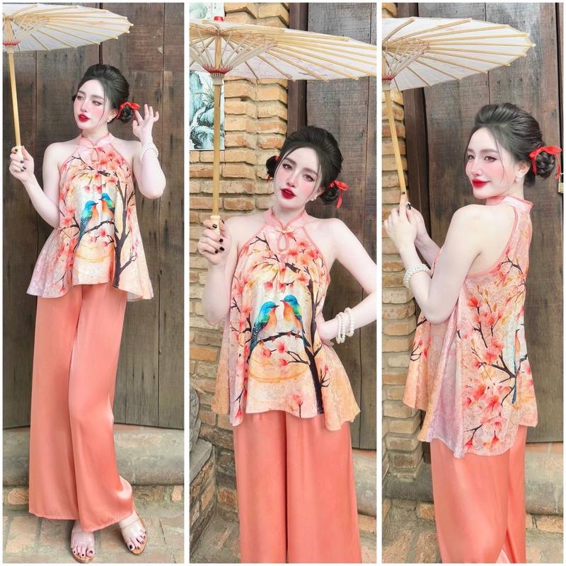 Bộ dài yếm gấm in phối quần lụa latin 40-62kg Nhung Nữ Nhung Nữ Áo Top Women