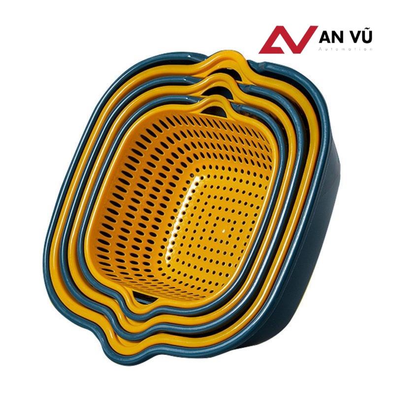 Set 6 món rổ kèm chậu bộ 3 rổ và chậu thau nhựa rửa rau củ đựng hoa quả trái cây 2 lớp hình tròn chất liệu nhựa PP