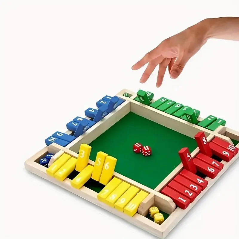 Wooden Shut the Box Dice Toy, 1 Set Classic 4 Sided Wooden Board Game, Tabletop Version Math Games for Party, Christmas Gift 0