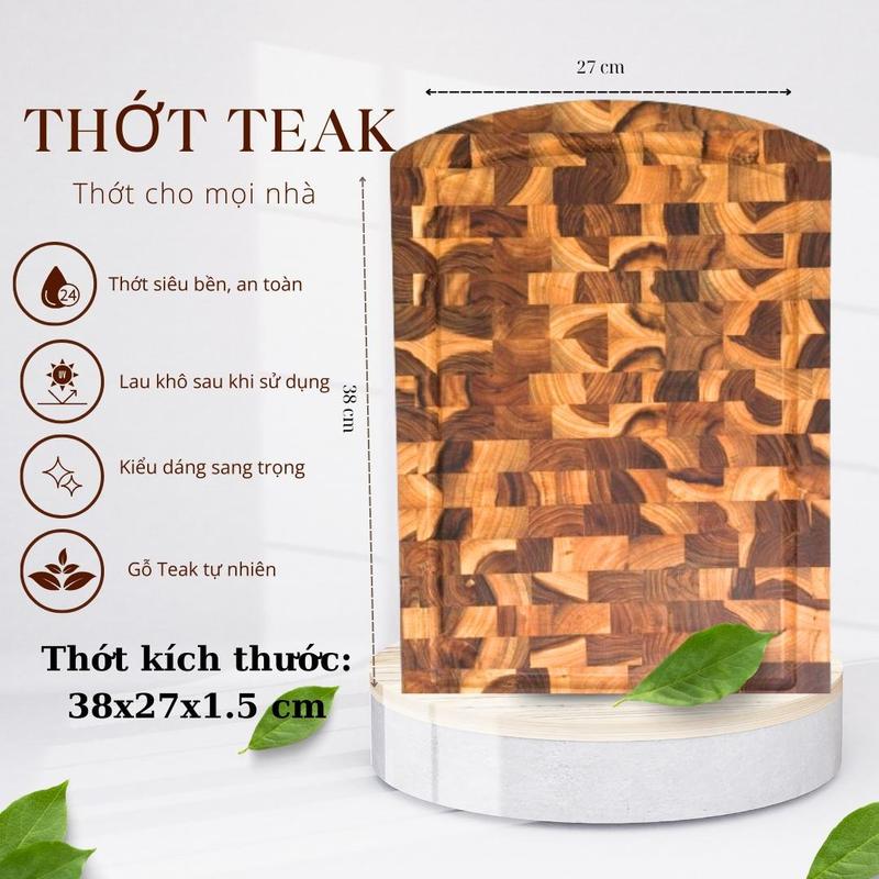Thớt gỗ hình chữ nhật có mấu tay cầm tiện dụng kích thước 305x210 mm - Gỗ Teak cao cấp hàng xuất Âu Vintage decor