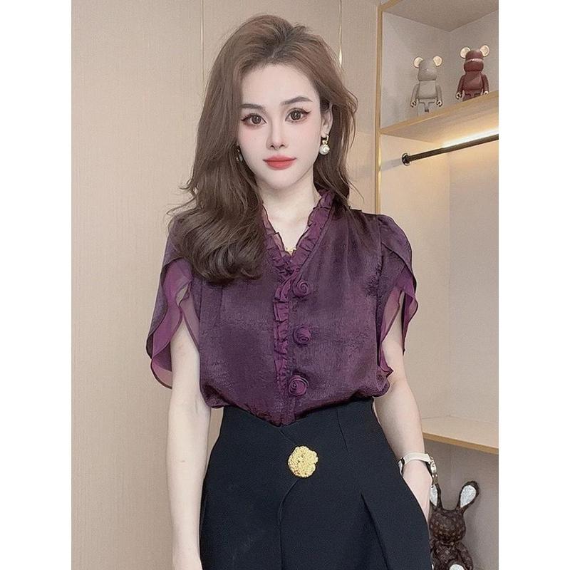 Áo Sơ Mi Mùa Hè, Thời Trang Thanh Lịch, Dành Cho Nữ, Màu Tím, Với Viền Dây Và Vải Lụa Lạnh Voan Phồng Tay Áo, Thiết Kế Hoa Ba Chiều Hàng Mới Về 2