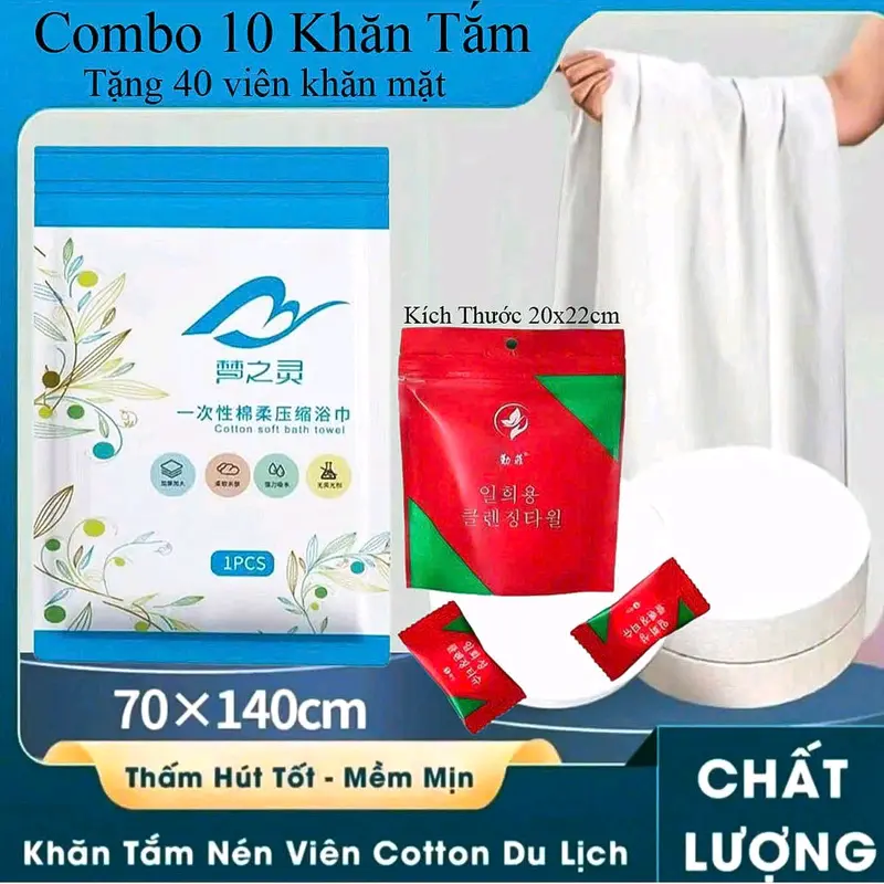 Bộ 10 Khăn Tắm Nén Cottong 140x70cm + Tặng 40 Viên Khăn Mặt, Tiện Lợi Dùng Trong Khách Sạn Nhà Tắm 0