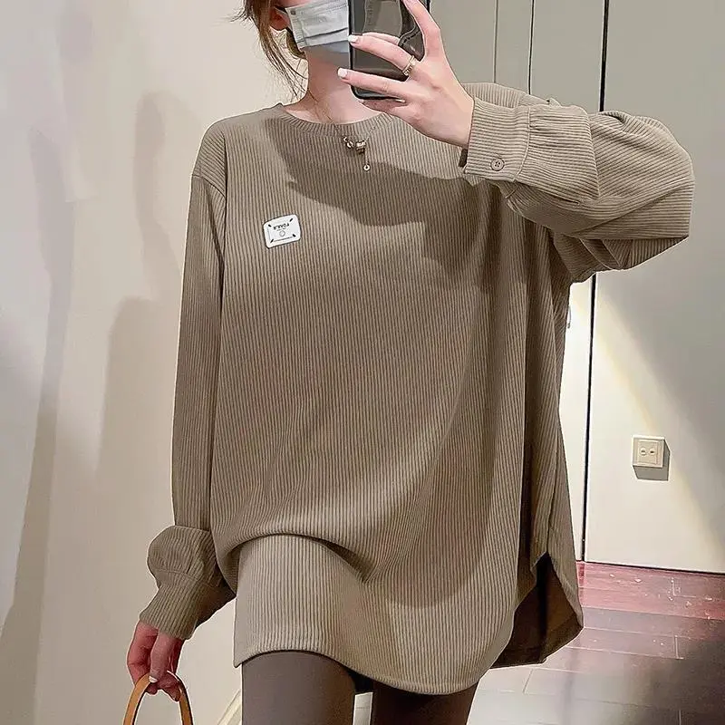 Women's T-shirt Autumn and Winter Inner Wear Loose plus Size Mid-Length T-shirt Top Womenswear Lingerie Lady Comfort Summer Streetwear Baggy Casual Crewneck Khaki Longsleeve Oversize