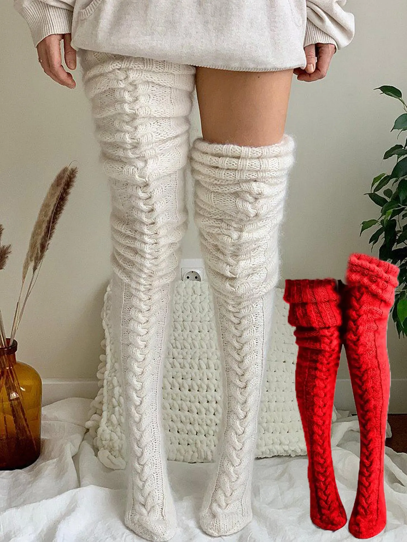 Women's Solid Textured Over The Knee Socks, Casual Warm Comfy Thigh High Socks for Fall & Winter, Women's Socks for Daily Wear, Fluffy Pajamas Womenswear Underwear XUNI