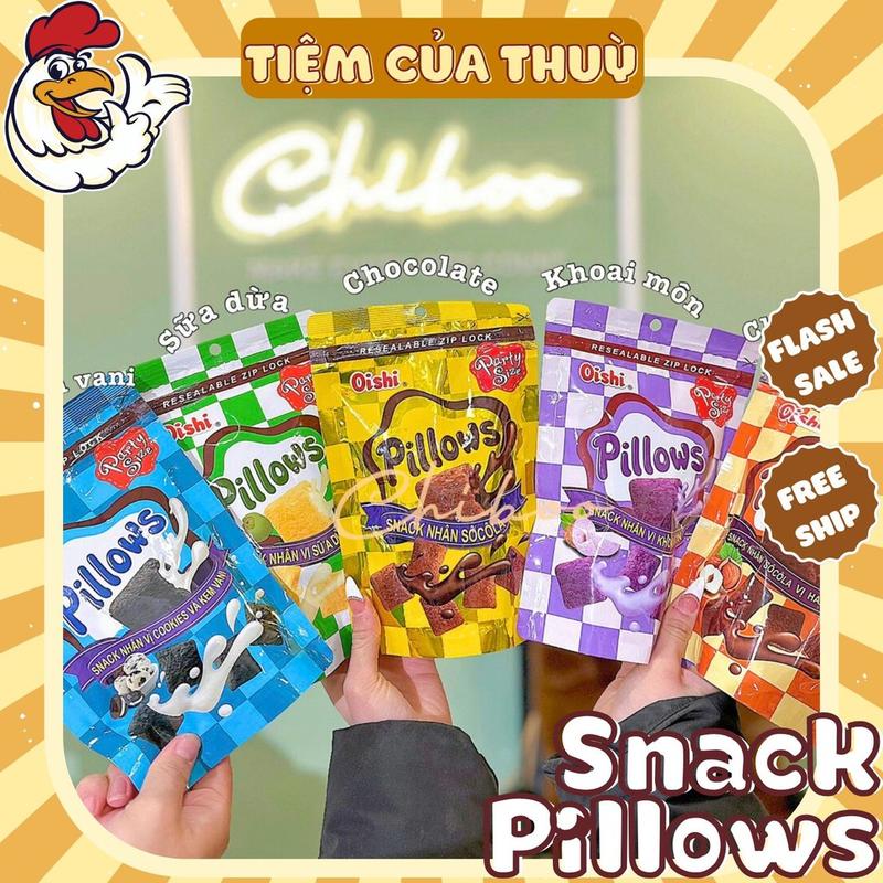  Snack Pillows Oishi Nhân Sữa Dừa - Socola - Kem Vani Gói 85G Bánh Nhân Kem Oishi đồ ăn vặt 