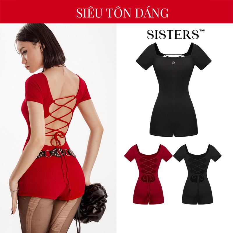 Jumpsuit nữ ngắn tay đan dây lưng SISTERS màu đỏ, đen chất thun gân ôm sát cơ thể quyến rũ Landii | SS24-J12