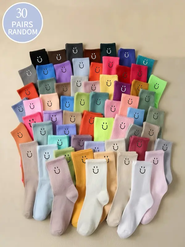 Random Women's Smile Face Print Mid-calf Socks, Casual Comfortable Breathable Socks for Daily Wear, Women's Socks for All Seasons 0