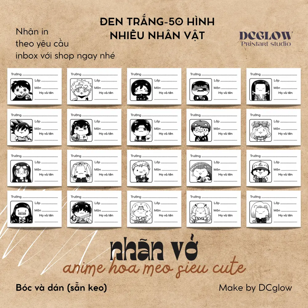 Set 50 Nhãn vở Anime hóa mèo siêu đáng yêu, bóc dán đơn giản, chống nước